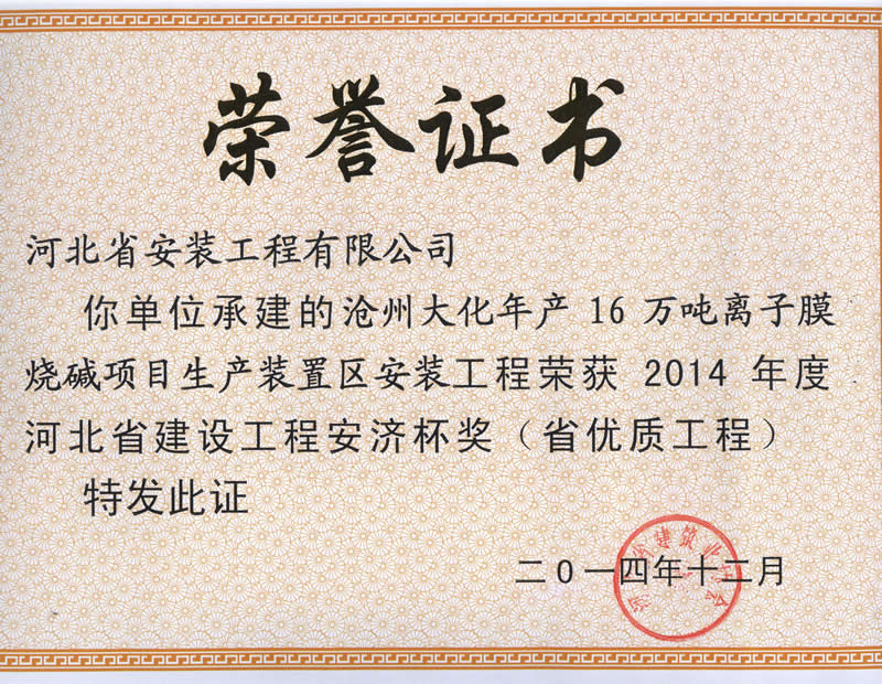 滄州大化年產16萬噸離子膜燒堿工程-2014省優